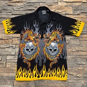 Vintage Y2K Authentic Shaolin Button Down Shirt Women’s Small Flames Skull Black